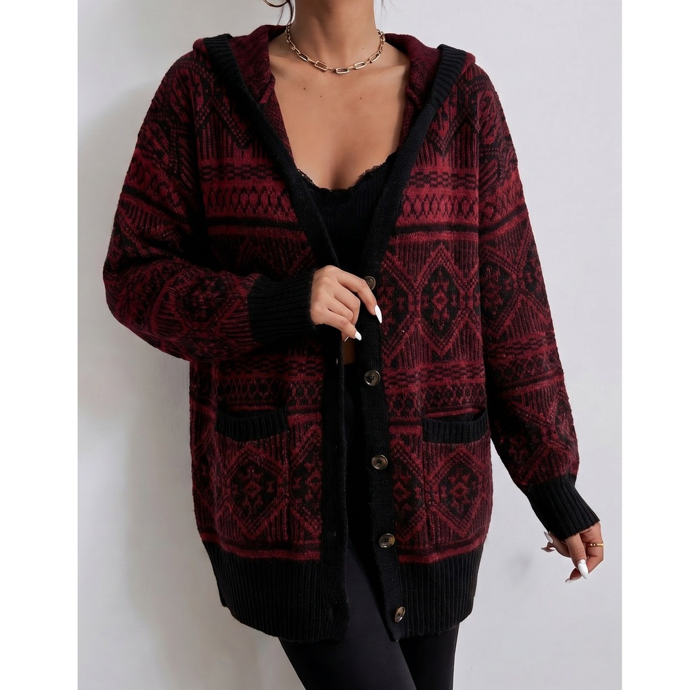 Miss Me Hooded Button Front Cardigan Sweater Burgundy Black Geometric Small NWT